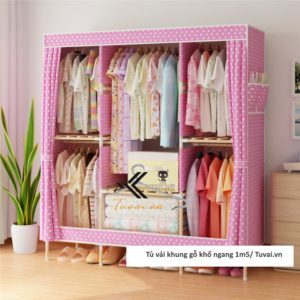 Tủ vải khung gỗ Chuqi màu hồng chấm bi